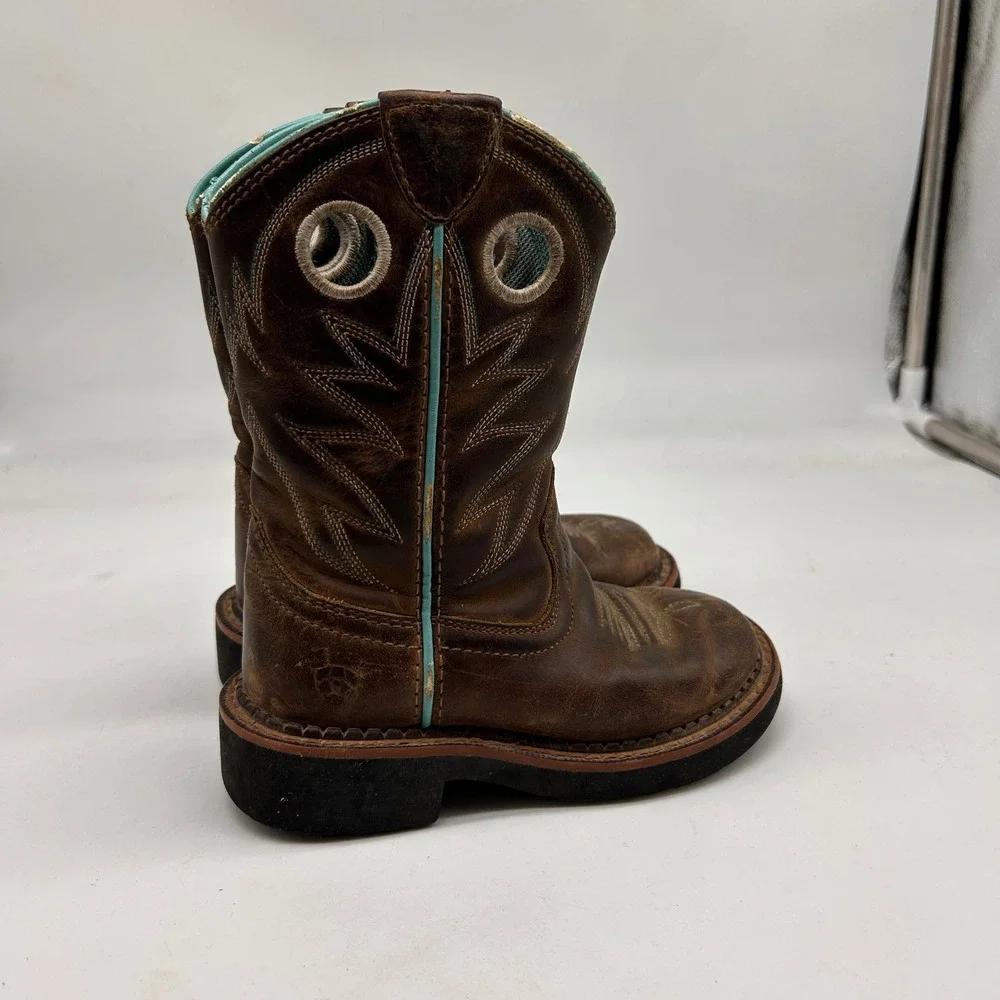 Ariat Kids Fatbaby Western Boots Brown Turquoise Leather Cowboy Size 9